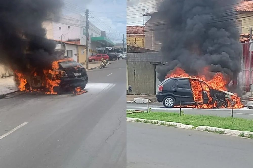 Carro pega fogo após motorista dar partida na zona Sul de Teresina